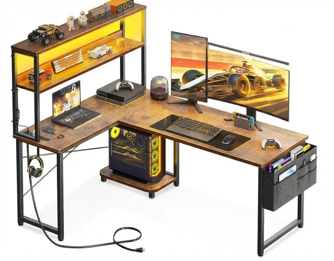 L Shaped Gaming Desk with Power Outlets & LED Lights, Corner Desk with Monitor Stand for Home Office, Space-Saving |...