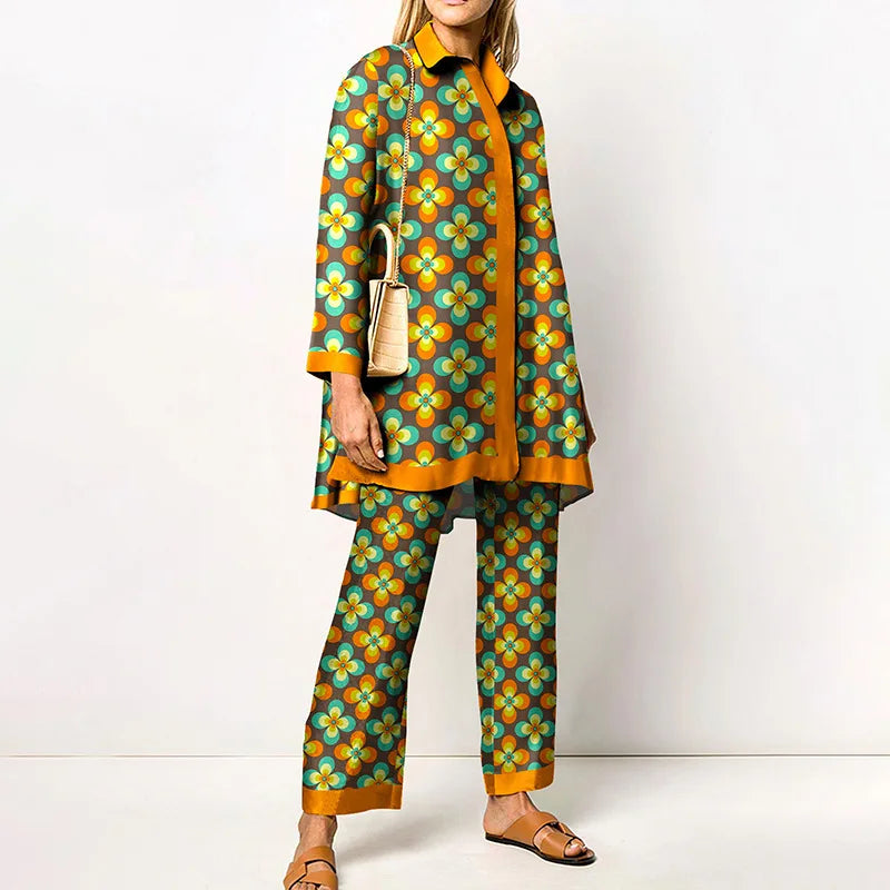 Autumn New Loose Vintage Printed Pant Sets Women Long Sleeve Shirts And Wide Legs Trousers Two Piece Set 2025 Fashion Streetwear