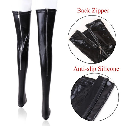 XXL Plus Size PVC Leather Thigh High Stockings Back Zipper Silicone Hold Up Party Club Medias Women Pole Dance Motorcycle Outfit