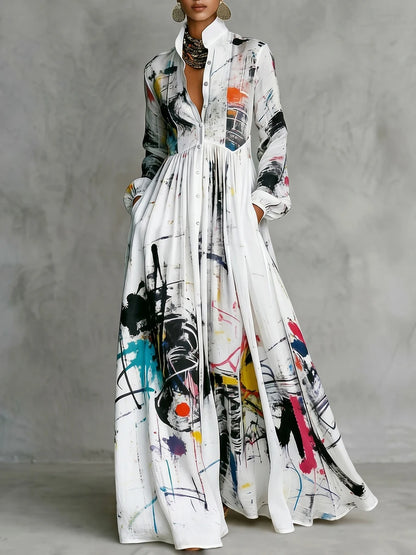 Freeacy Women Stand Collar Printed Shirt Maxi Dress Button Front Long Sleeve Pleated High Waist Flowy Floor Length...