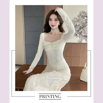 French Romantic Beige Textured Patchwork Design Elegant Square Neck Appliques Slim Elastic Knit Dress