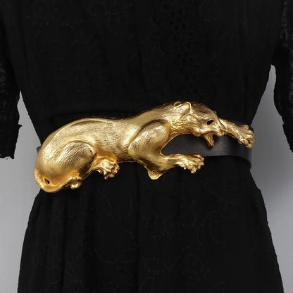 Women's Fashion Black Genuine Leather Gold Leopard corset Female Cummerbund Coat Waistband Dress Decration Wide Belt J005