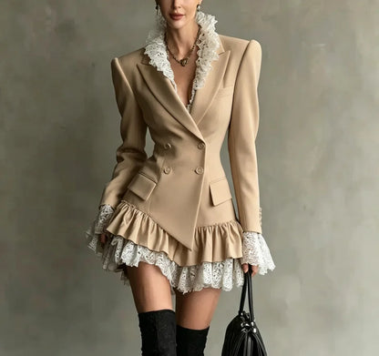 Autumn Lapel Double‑Breasted Lace Ruffle Mini Dresses Women Fashion Long Sleeve Short Dress Elegant Ladies Party...