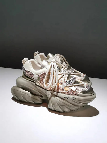 Women High Heels Platform Shoes Spring Crystal Fashion Luxury Designer Brand Chunky Sneakers Unique Design Real Leather Trendy