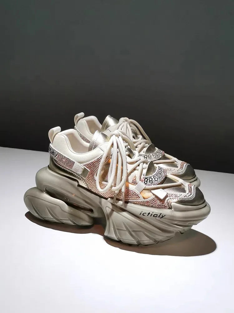 Women High Heels Platform Shoes Spring Crystal Fashion Luxury Designer Brand Chunky Sneakers Unique Design Real Leather Trendy