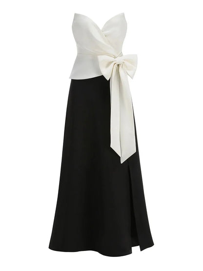 Sexy Strapless Black and White Patchwork Butterfly Bow Long Dress Women Sleeveless Ruched Split Slim Dresses Evening...