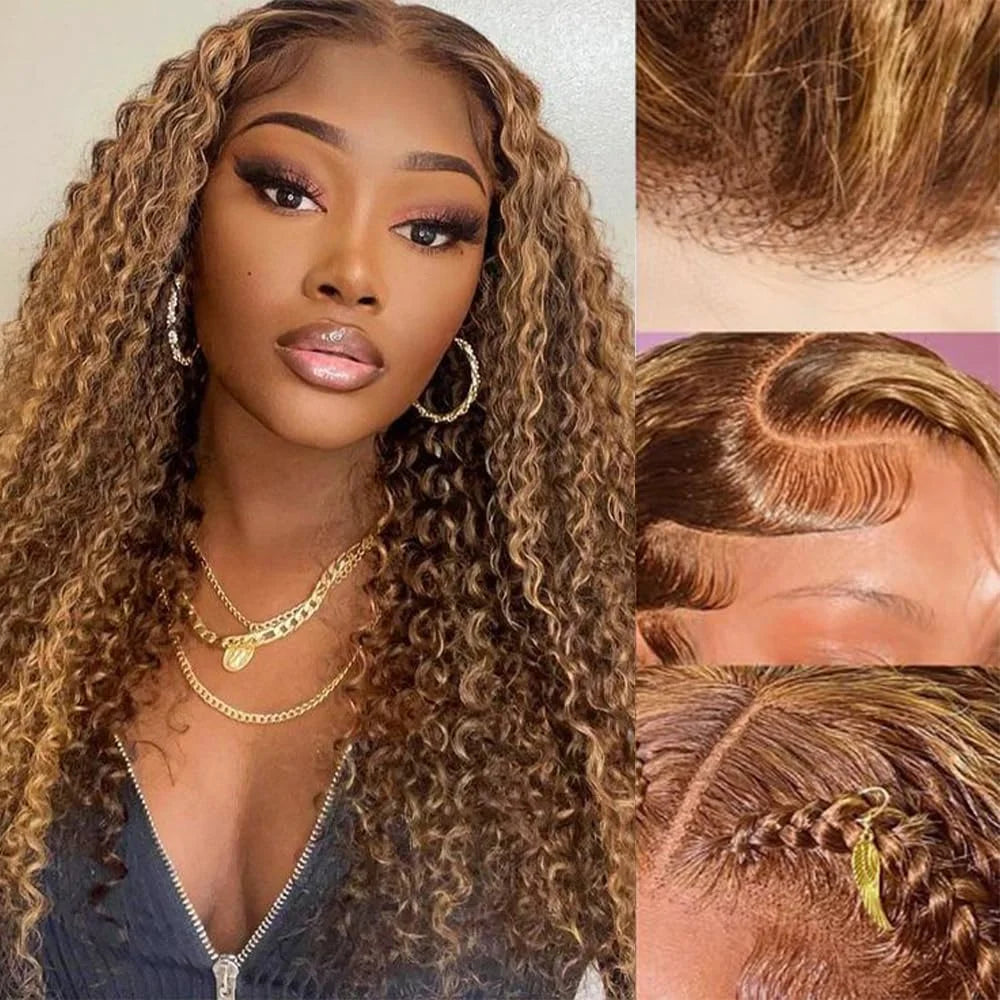 13x6 HD Curly Deep Wave Highlight Human Hair Wigs 250% Colored Honey Blonde Lace Front Wig Wear And Go Glueless Wig 30 34 Inch