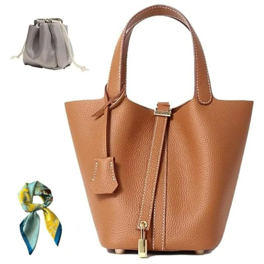 Genuine Leather Bucket Bag for Women: Lock Design Shoulder Handbag Versatile Top-Handle Tote Fashionable Vegetable...