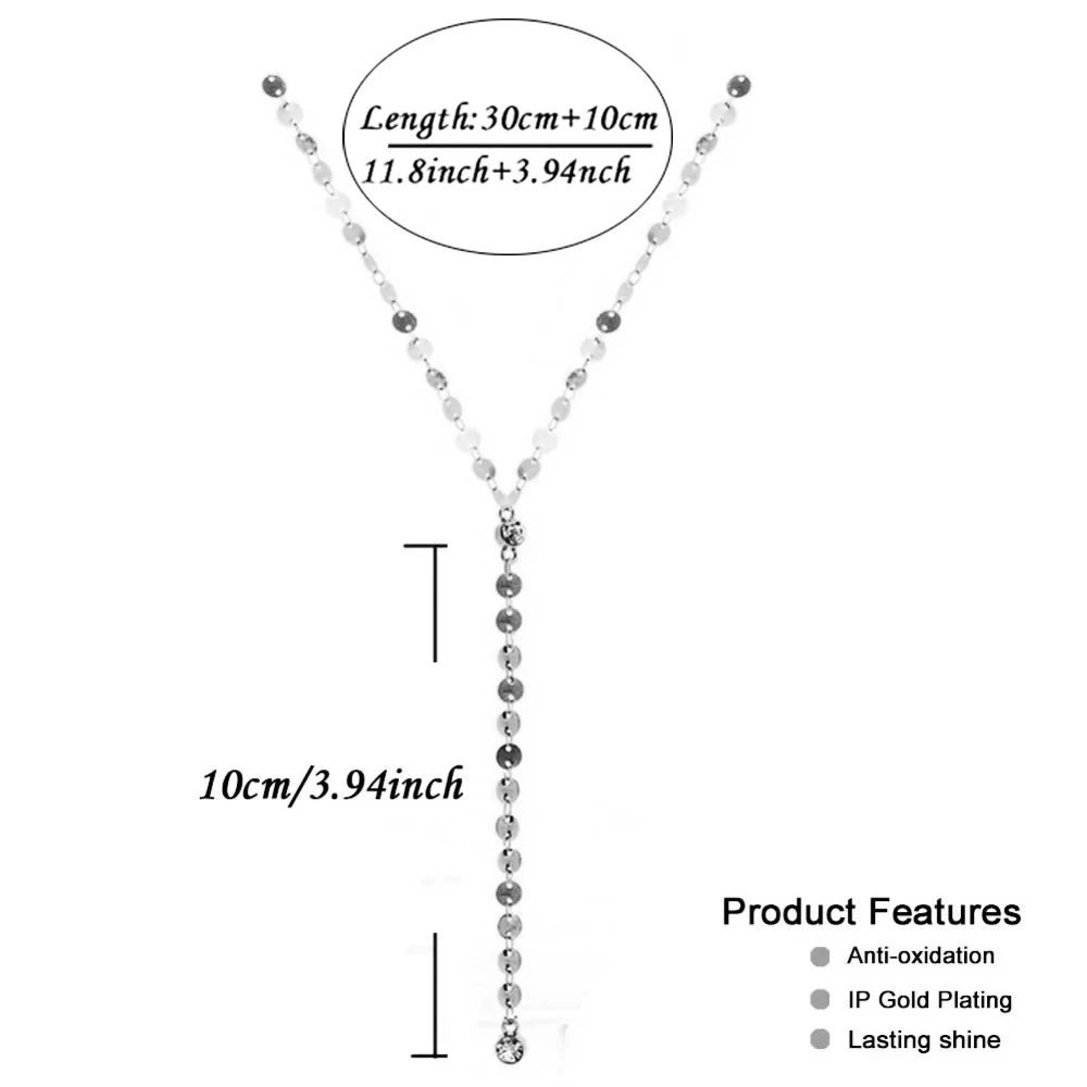 Stainless Steel Sexy Multilayer Sequins Chain Tassel Crystal Pendant  Necklace For Woman Y Shape Disc Choker Necklace