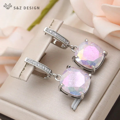 S&Z DESIGN New Fashion Cubic Zirconia Ice Crack Square Crystal Dangle Earrings For Women Jewelry 585 Rose Gold Color Eardrop