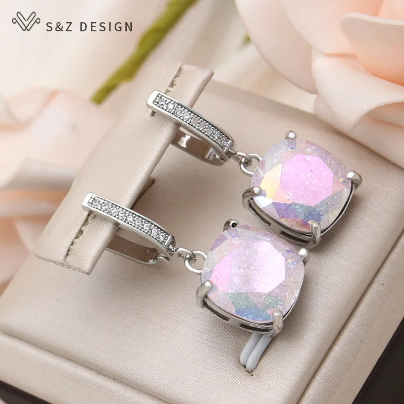 S&Z DESIGN New Fashion Cubic Zirconia Ice Crack Square Crystal Dangle Earrings For Women Jewelry 585 Rose Gold Color Eardrop