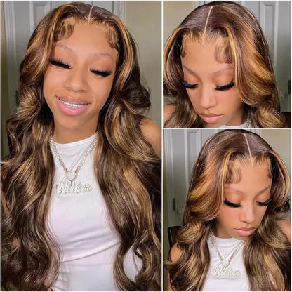 30 40 Inches Body Wave P4/27 Highlight Human Hair Wig 13x4 13x6 HD Lace Frontal Honey Blonde Colored Wigs For Women PrePlucked - Kimlud
