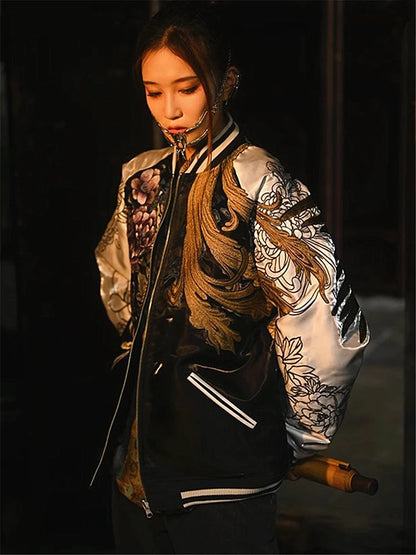 2024 Dragon Peony Chrysanthemum Phoenix Suzaku Embroidered Original Yokosuka Sukajan Souvenir Jackets High Street Men Boys Loose - Kimlud