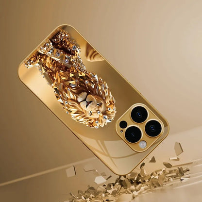Crystal Gold Lion Pattern Gold Metallic Paint Glass Phone Case For iPhone 17 11 12 13 14 15 16 Pro Max 15 Plus 17Air 16E Cover