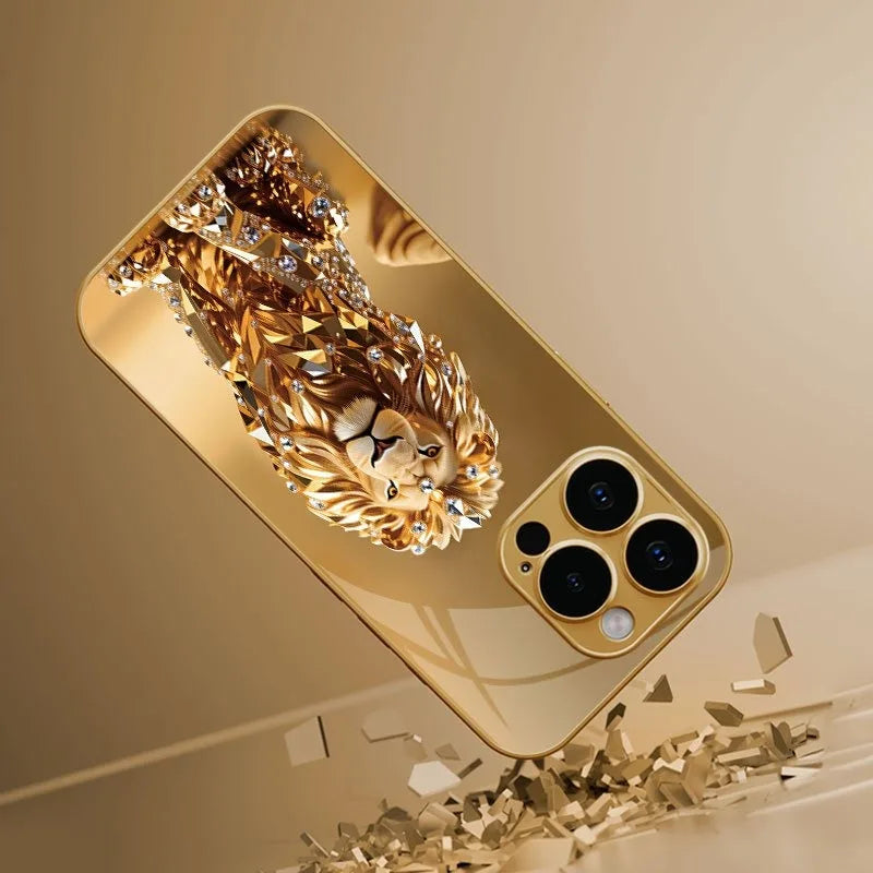Crystal Gold Lion Pattern Gold Metallic Paint Glass Phone Case For iPhone 17 11 12 13 14 15 16 Pro Max 15 Plus 17Air 16E Cover