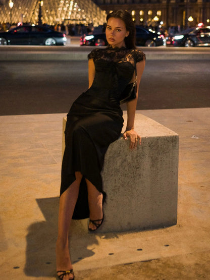 Black Lace High Neck Evening Dress Long Sleeve Sheer Corset Formal Gown Elegant Party Wear