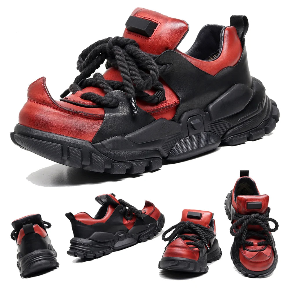 Fashion Genuine Leather Platform Ankle Motorcycle Boots Casual Chunky Walking Boots Low Cut Derby Shoes Men's Loafers Red