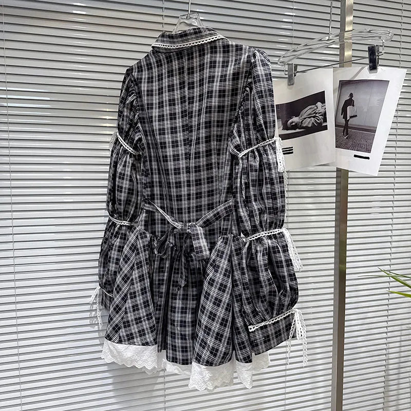DEAT 2026 Spring New Style Plaid Pattern Bow Tie Long Sleeve Shirt Dresses For Women Contrast Color Sweet Dress Female 11A08637