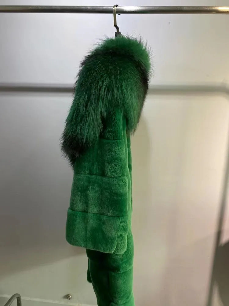 2023 New Winter Women Real Rex Rabbit Fur Coat Long Luxury Jacket with Super Large Raccoon Fur Collar Ladies Fashion Overcoat