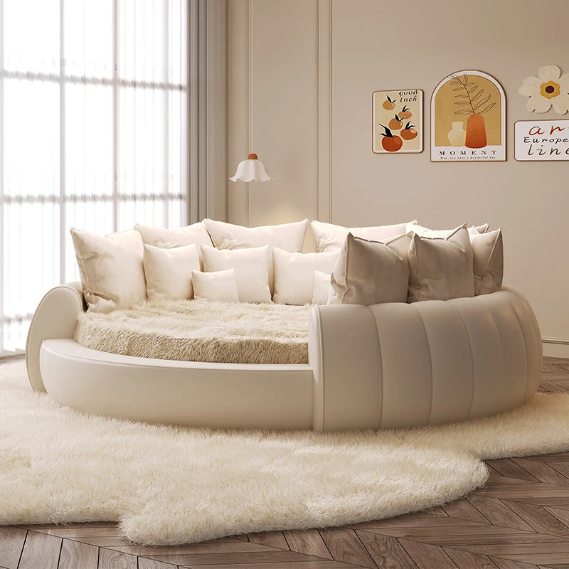 double wedding Round bed modern simple leather apartment queen beds European style base de cama matrimonial home furniture