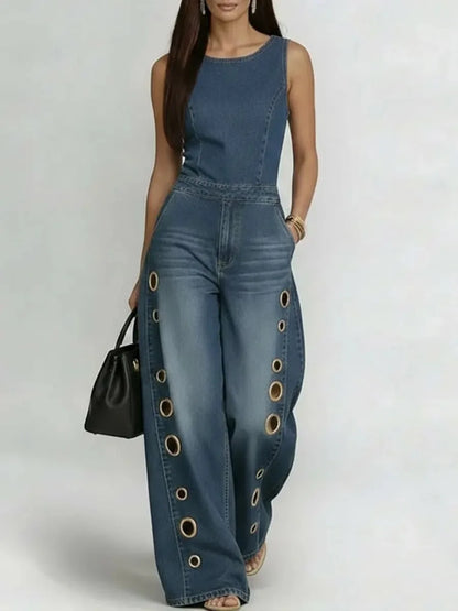 Women's Sleeveless Denim Jumpsuit High Waist Wide Leg Pants with Gold Eyelet Cutout Decor Streetwear Casual Fashion Romper - Kimlud