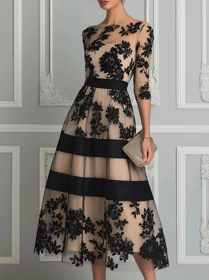 Elegant Women Midi Evening Dress O‑Neck 3/4 Sleeve Black Floral Flocking Tulle Mesh A‑Line Cocktail Party Formal Prom...