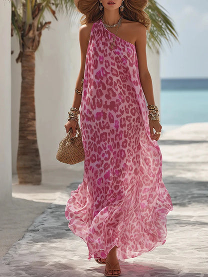 Asymmetrical Loose Fit Maxi Dresses Pink Leopard Print Sleeveless Beach Dress 2026 Summer Hollow Out Backless Elegant...