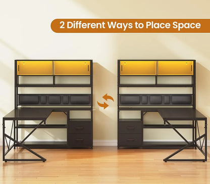L Shaped Gaming Desk, Home Office Computer Desk with 2 Drawer and Bookshelf, L Shaped Gaming Desk with LED Light,, Customized - Kimlud