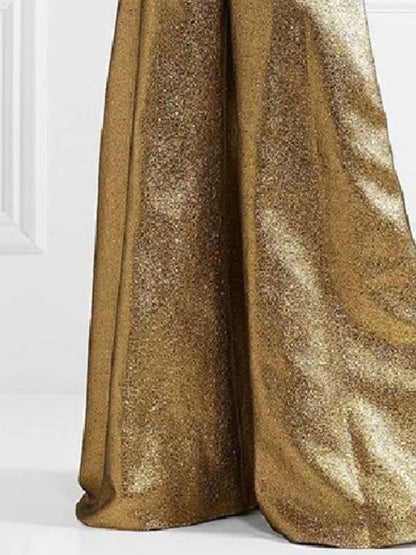 Women's Stylish Party Wear Pants Solid Gold High Waist A-line Wide Leg Pants Zippered Full-length Trousers Casual Pants
