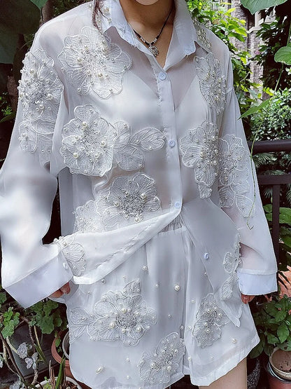 Fairy 3D Flowers Embroidery Sequined Chiffon Shirts Mesh Soliced Pearls Blouses Sunscreen Cardigan Tops+Elastic Shorts...