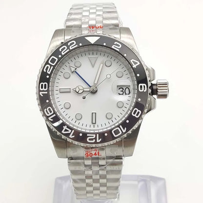 Men's New Elegant White GMT Watch, NH34 Movement, Sapphire Glass, Stainless Steel Waterproof Men's Mechanical Watch