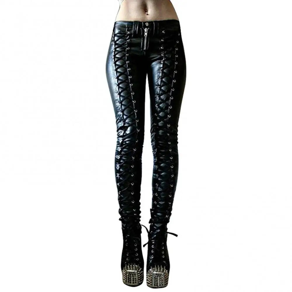 Button Skinny Women Faux Leather Pants Trousers Steampunk Cosplay Carnival Party Trousers