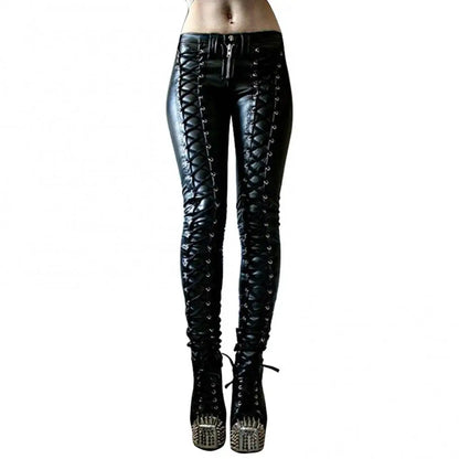 Button Skinny Women Faux Leather Pants Trousers Steampunk Cosplay Carnival Party Trousers