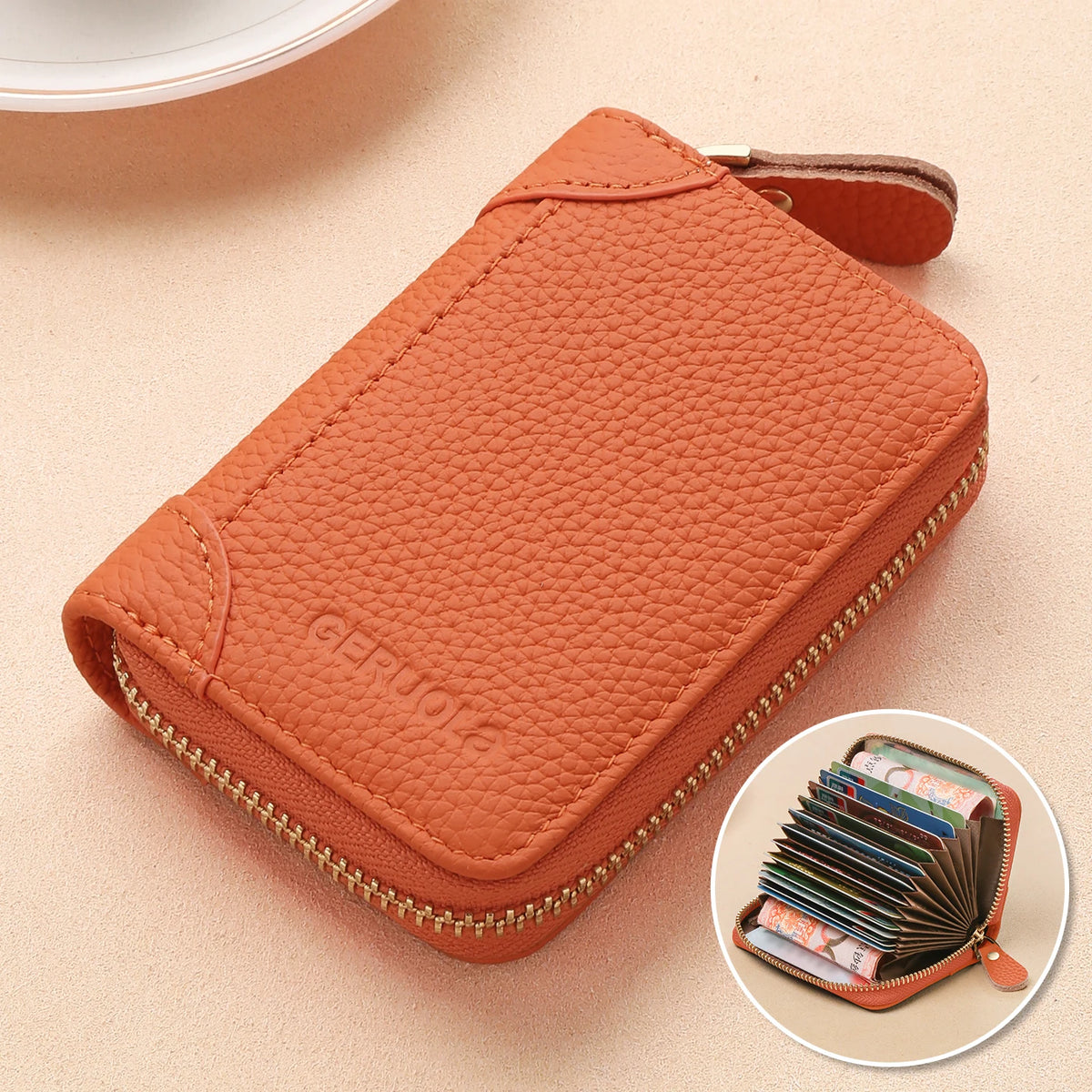GERUOLA Top-Grain Cowhide RFID-Protected Card Holder Zipper Credit Card Organizer with Multiple Slots ID And Coin Pouch