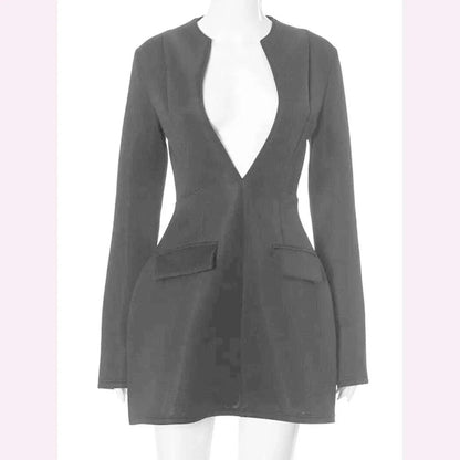 Fashion Deep V-neck Tunics Short Dress White Black Women Autumn Winter Long Sleeve High Waist Party Dresses Female Blazer Dress
