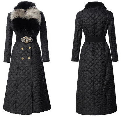 DSXDFACAIRIJ Women Color Blocking Fur Collar Long Sleeves Lace-Up High Street Double Breasted Geometric Outerwear Winter...