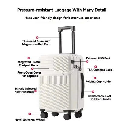 Front Opening Pocket Suitcase Travel Rolling Luggage Aluminum Alloy Trolley ABS+PC Case Bag with Spinner Wheel USB Charging Port