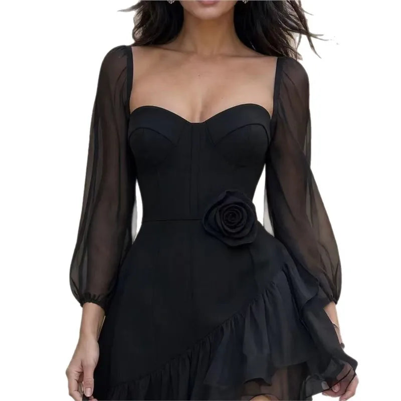 Ladies Sexy V-neck Mini Dress Autumn Sheer Long Puff Sleeve 3D Rose Decor Asymmetrical Ruffle Short Dress Elegant Party Dress
