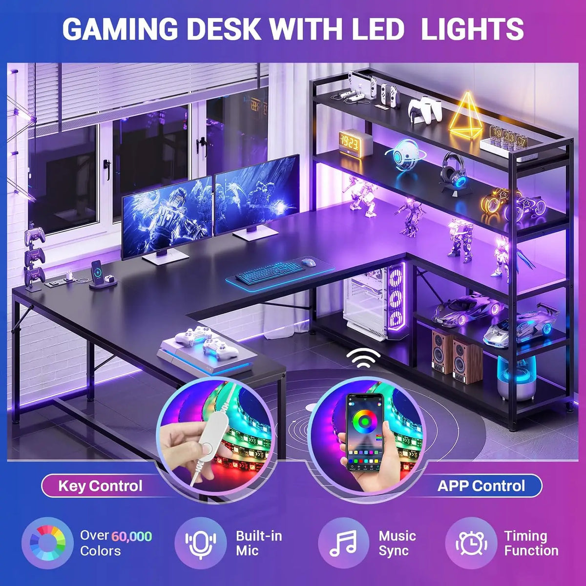63'' L-Shaped Gaming Desk with LED Lights, Power Outlet & Storage Shelves - Reversible Corner Desk for Home Office |...