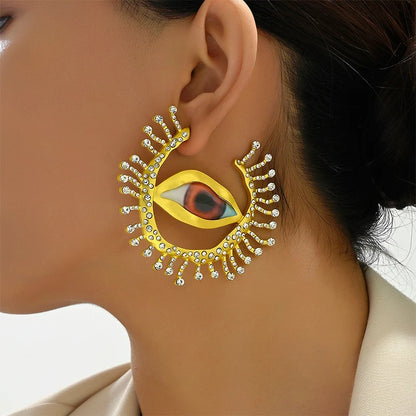 Gold Color Big Evil Eye Hoop Earrings For Women Gold Color Exaggerated Crystal Stone Left Right Side Statement Earrings For Girl
