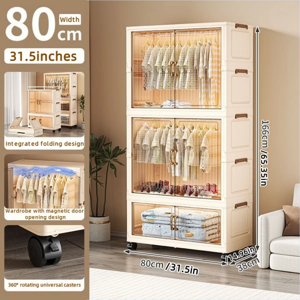 80cm no-installation folding storage cabinet, bedroom children's wardrobe, multi-layer storage box with wheels - Kimlud