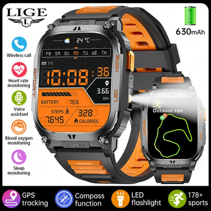 LIGE New GPS Tracking Smart Watch  LED Flashlight 1.96inch HD Screen Compass BT Call Waterproof Sport Smartwatch For Android iOS