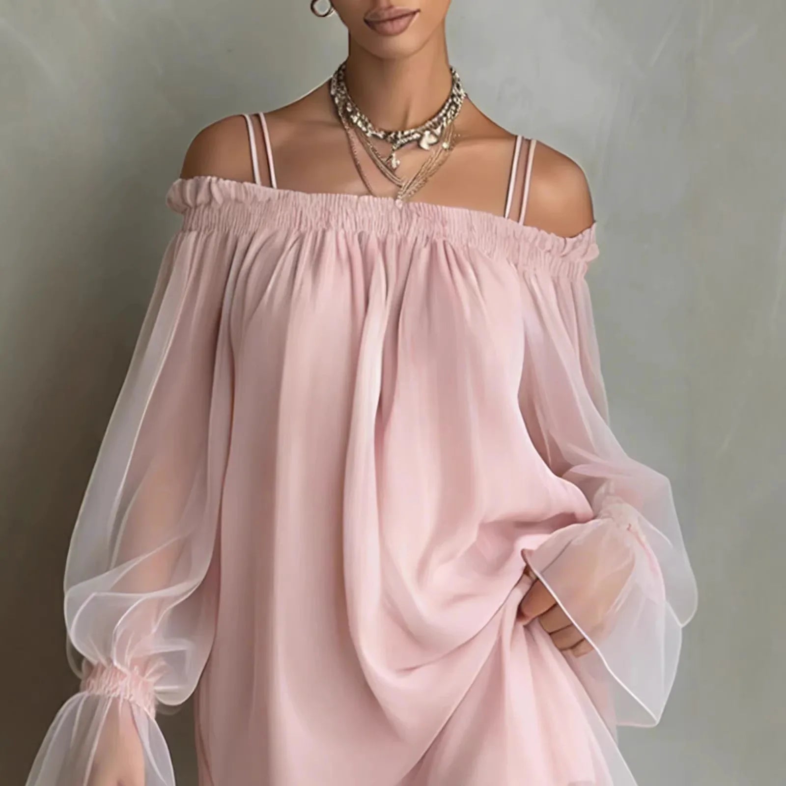 Double Strap Vestidos Off Shoulder Dress Sexy Sweet Vestido Fairy Mini Loose Dresses Summer New Sheer Mesh Long Sleeve Ropa Muje - Kimlud