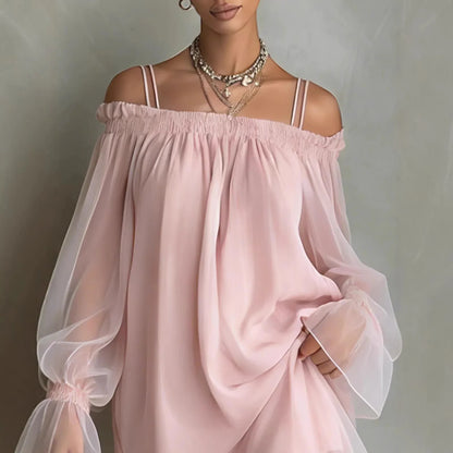 Double Strap Vestidos Off Shoulder Dress Sexy Sweet Vestido Fairy Mini Loose Dresses Summer New Sheer Mesh Long Sleeve Ropa Muje - Kimlud