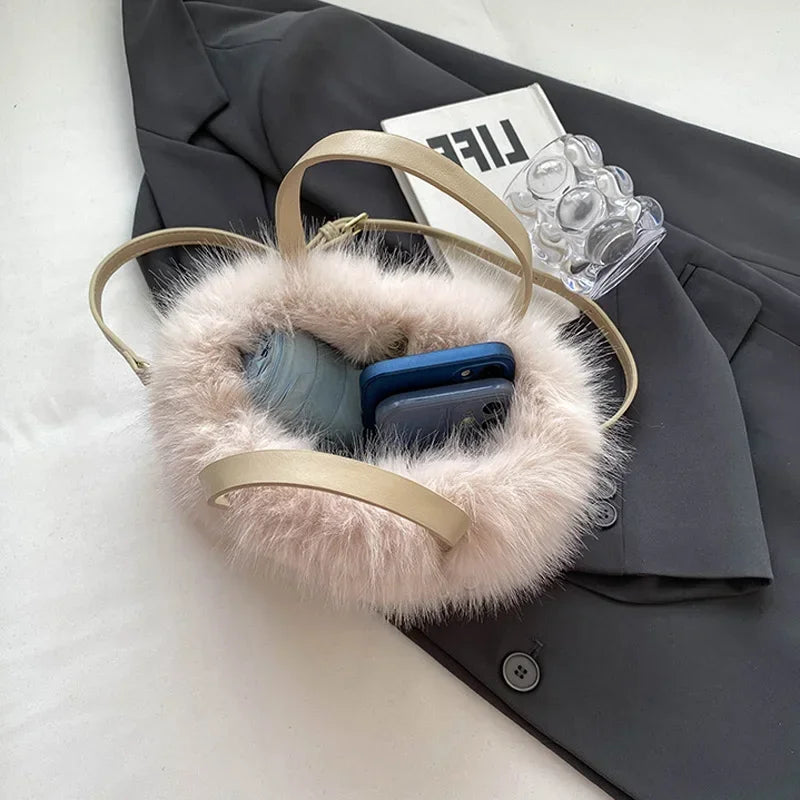 Winter Fashion Faux Fur Crossbody Bags for Women's Gift, Pearl Chain Decor Shoulder Bag, Ladies Handbags Top-handel Bag