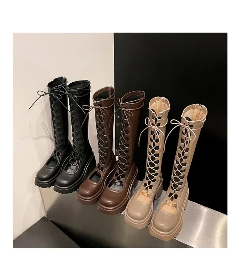 2024 Summer New Female Breathable Hollowed Out Mesh Boots Genuine Leather High Knight Boots Knee High Heels Show Thin Cool Boots