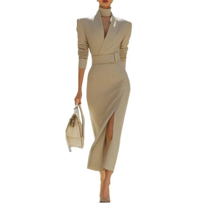 Elegant Solid Slim Belt V Neck Hip Dress Woman Autumn Winter Long Sleeve Split Office Dresses Sexy Boho High Waist...