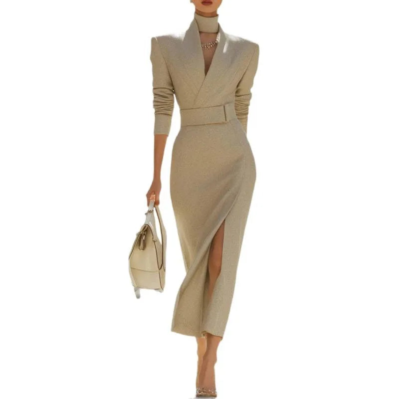 Elegant Solid Slim Belt V Neck Hip Dress Woman Autumn Winter Long Sleeve Split Office Dresses Sexy Boho High Waist...