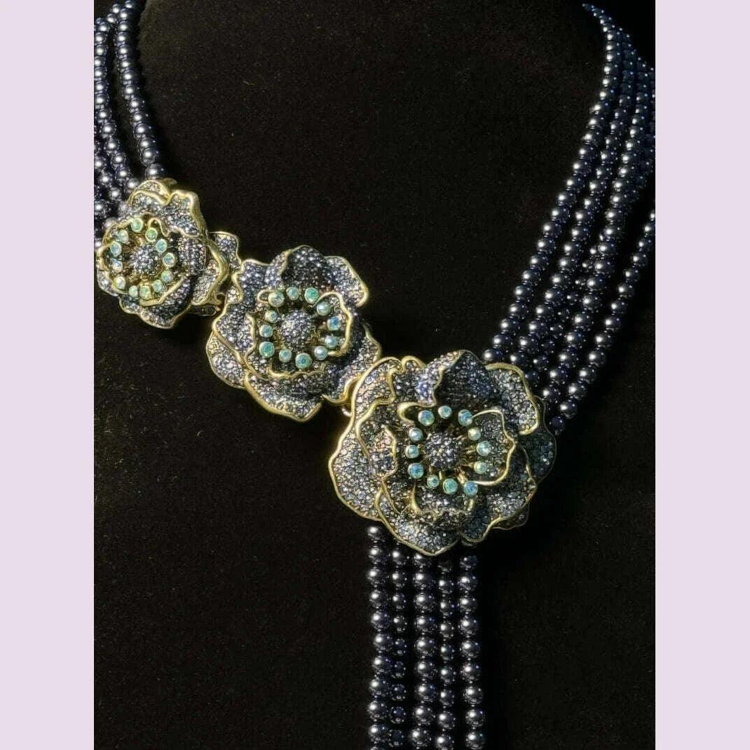 HD Europe and the United States  Retro Literature Sweet Heavy Multi-Layer Glaze Inlaid Shiny Rhinestone Flowers Tassel Necklace
