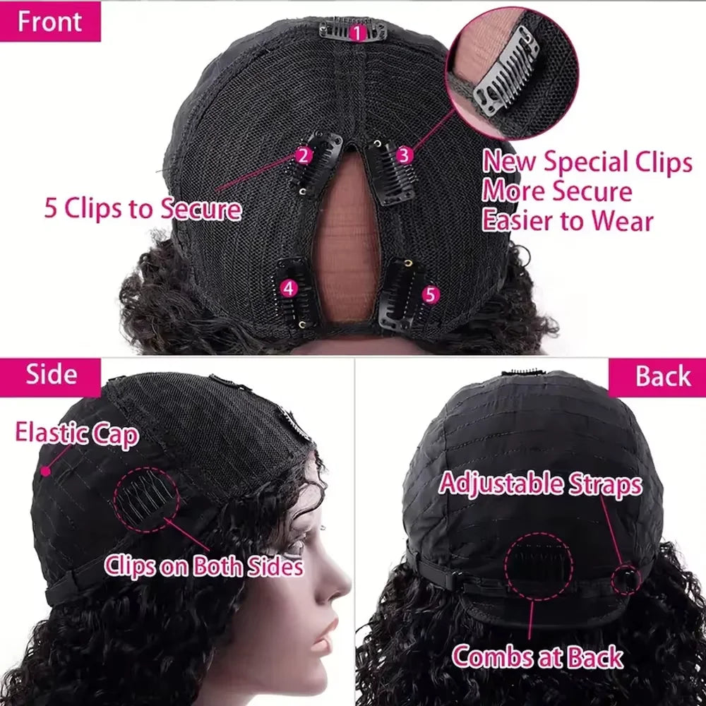 Upgraded V Part Wig Kinky Curly Wig Easy Install Brazilian 32Inch 200% Density Natural Color Deep Wave No Leave Out Human Remy Hair For Women